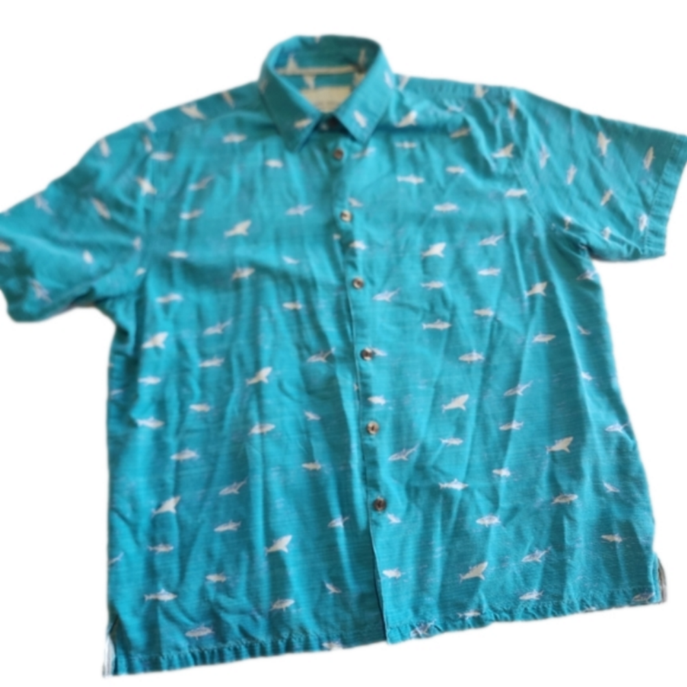 Island Republic 100% Silk Vintage Collection Blue Shark Print Hawaiian Shirt